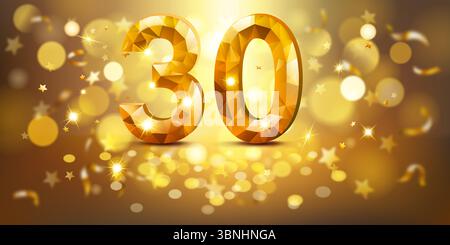 Golden number 30 with a faceted, gem-like appearance, set against a warm, golden background filled with soft bokeh lights and scattered golden stars, Stock Vector