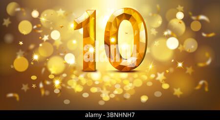 Golden number 10 with a faceted, gem-like appearance, set against a warm, golden background filled with soft bokeh lights and scattered golden stars, Stock Vector