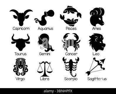 Zodiac signs horoscope silhouette clipart set. Horoscope birth month symbol and icon clip art in silhouette black drawing collection of zodiac Stock Vector