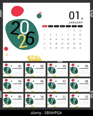 2026 calendar template clipart set. Calendar of 2026 clip art collection with days, weekly and monthly date pages abstract design vector illustration. Stock Vector