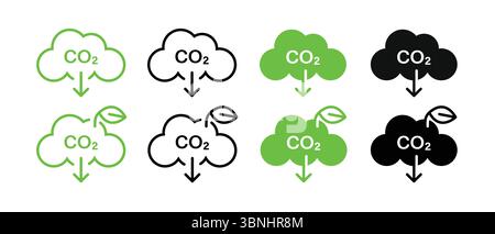 "CO₂ Cloud Icons - Carbon Emission Symbols in Green, Black, and White" Stock Vector