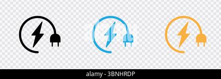 "Power and Energy Icons - Plug and Lightning Symbols in Black, Blue, and Yellow" Stock Vector