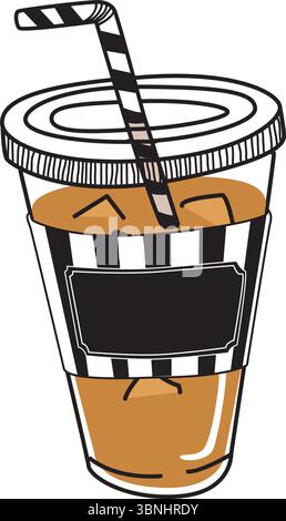 Stylized vector of iced coffee in a takeaway cup with black and white striped sleeve, ice cubes, and a straw. Transparent background. Stock Vector
