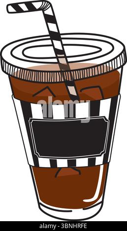 Vector illustration of iced coffee in a plastic takeaway cup with a black striped sleeve and straw. Perfect for cafe branding or summer drink design. Stock Vector