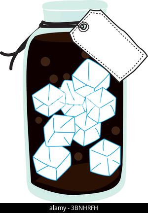 Vector illustration of iced coffee in a mason jar with ice cubes and a blank label tag. Great for cafe branding, packaging, or summer drink design. Stock Vector