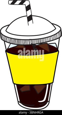 Vector illustration of iced Americano in a takeaway plastic cup with bright yellow sleeve and striped straw. Transparent background. Stock Vector