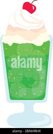 A colorful vector illustration of a melon soda float with whipped cream, cherry, and ice cubes in a dessert glass. Transparent background. Stock Vector