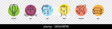 "Transport Icons Collection - Hot Air Balloon, Ship, Bus, Train, Airplane, and Car" Stock Vector