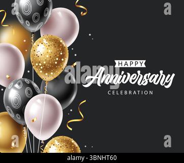Elegant Happy Anniversary Celebration with Black, Gold, and Pink Balloons on Dark Background. Stock Vector