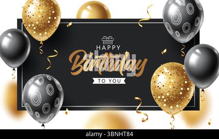 Elegant Birthday Greeting with Luxe Black and Gold Balloons Framed on a Stylish Dark Background. Stock Vector