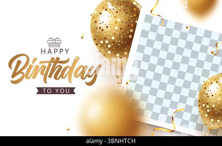 Elegant Happy Birthday Greeting with Gold Balloons and Photo Frame for Personalized Celebration. Stock Vector