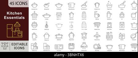 Kitchen Essentials Line Icons: Cooking, Utensils and Home Food Prep Vectors Stock Vector