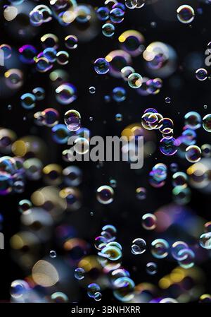 Many, small iridescent and floating soap bubbles against a black background, Recklinghausen, North Rhine-Westphalia, Germany, Europe Stock Photo