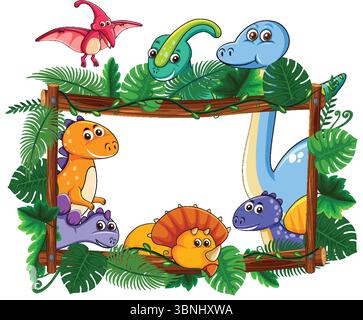 Playful dinosaurs surround a wooden frame with lush tropical leaves, vibrant colors, and cartoon style Stock Vector