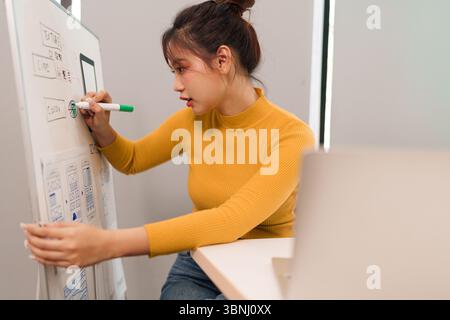 Young Asian UI designer is planning mobile application design brainstorming on whiteboard for color texture line website wireframe user experience des Stock Photo
