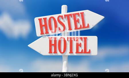HOSTEL and HOTEL signs arrow direction isolated on  blue sky, 3d render Stock Photo