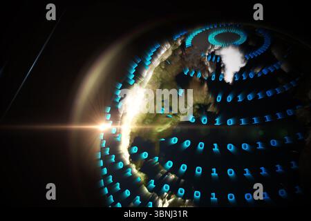 Digital 3D render showing planet Earth orbiting in space, with glowing blue binary code overlay Stock Photo