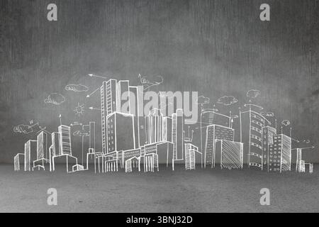 Urban skyline sketch showing chalk-like white-line with arrows, clouds, sun on rough concrete wall Stock Photo