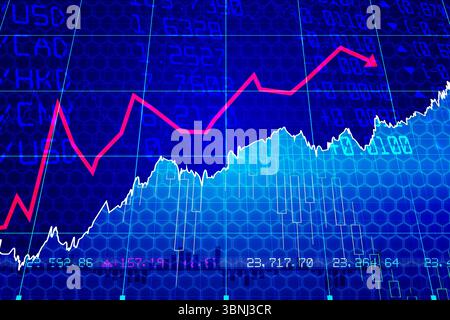 Displaying financial data with red line graph plus white cyan area chart against neon blue grid Stock Photo