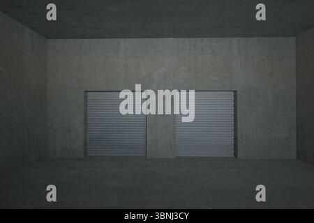 Two metal roller shutter doors are standing in flat design garage with concrete column, copy space Stock Photo
