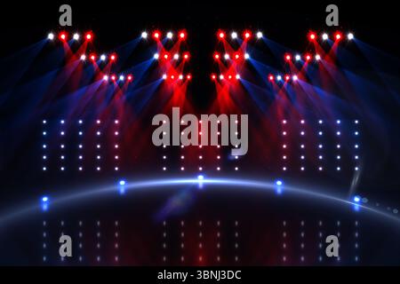 Empty illuminated stage is showcasing red and blue spotlights with LED grid lighting in flat design Stock Photo