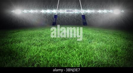 White goalpost with padded base is standing on green turf under bright floodlights in flat design Stock Photo