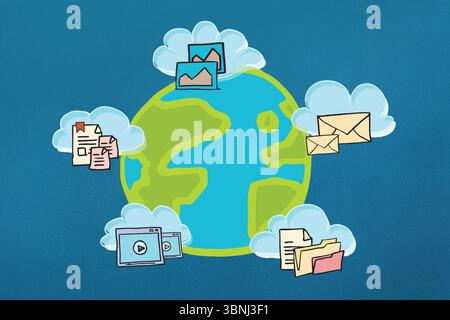 Flat digital illustration is showing Earth globe on blue backdrop surrounded by cloud file icons Stock Photo