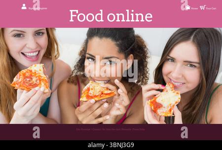 Three friends are eating pepperoni pizza on flat design couch under pink online banner with icons Stock Photo