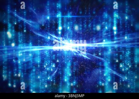 Central light burst is radiating horizontal beams amid flat design code streams, showing data flow Stock Photo