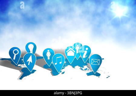 3D world map silhouette is featuring blue location marker icons with sun flare on sky gradient Stock Photo