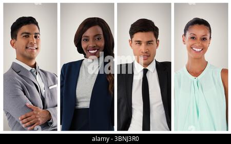 Four business professionals are posing in vertical panels in studio against light grey backdrop Stock Photo