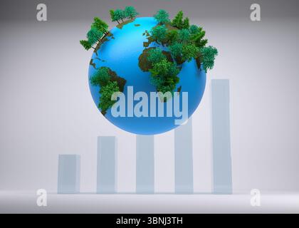 3D rendered blue Earth globe with green tree clusters is floating above translucent ascending bars Stock Photo
