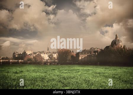 Flat design is showing large classical domed building rising over green grass field and cloudy sky Stock Photo