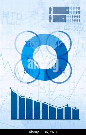 Flat design data dashboard showing four-segment donut chart and bar graphs with silhouette icons Stock Photo