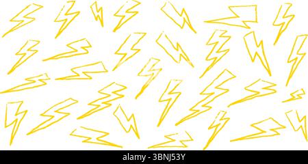 Lightning bolt illustration in crayon chalk and pencil style. Hand drawn cute thunderbolt sketch for kids. Pastel cartoon lightning with doodle lines Stock Vector
