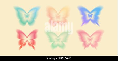 Gradient butterfly shape collection with gradation color soft blurred wings on beige background for spring design, y2k decoration or nostalgic dreamy projects. Delicate pastel colored insects set. Stock Vector