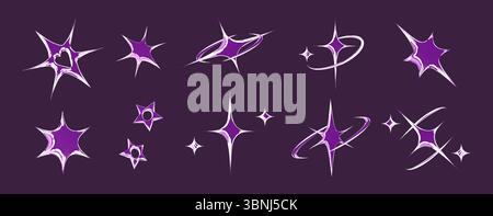 Chrome emoticon star set with metallic purple gradient fills, shooting comet trails, swirling orbits, crossed twinkles and diamond accents for mystical y2k design or cosmic digital decoration element Stock Vector