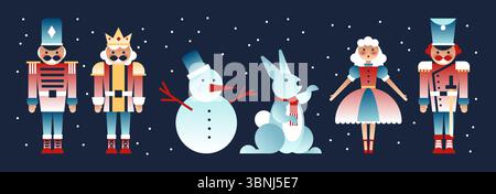 Christmas nutcracker collection with soldiers and king, snowman and blue rabbit, dancing fairy princess in pink ballet dress. Festive holiday characters on dark starry background for winter decoration Stock Vector