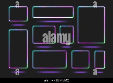 Neon frame set with glowing square and rectangular borders in purple, pink and green gradient colors on black background. Electric light rectangles for futuristic UI design, cyberpunk interfaces. Stock Vector