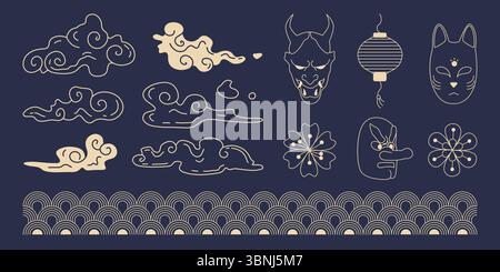 Traditional Japan elements set - swirling cloud patterns, oni demon mask, kitsune fox face, paper lantern, sakura blossoms, lantern and asia wave motifs. Line art collection for oriental design Stock Vector