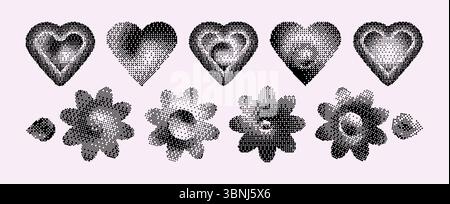 Pixelated y2k hearts and flowers set - monochrome dotted textures with halftone shading for retro design. Love symbol and daisy blooms with scattered pixel patterns. Nostalgic computer art style. Stock Vector