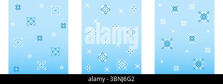 Pixel snow patterns set - white and blue snowflakes scattered on pastel gradient background. Different crystal shapes, dots and geometric forms for winter game textures, retro 8 bit holiday designs. Stock Vector