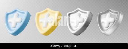 3d health shield icons with plus symbol - blue, yellow, silver and transparent medical protection badges. Healthcare safety emblems for insurance, clinic services. Hospital wellness cross sign. Stock Vector