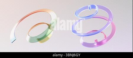 Spiral glass ribbons floating - rainbow strip with gradient colors, twisted transparent coils. Modern abstract translucent shapes for decorative design. Glossy curved forms with iridescent reflections Stock Vector