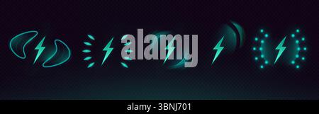 Turquoise wireless charge icons set - glowing energy symbols with lightning bolts, rotating waves and power dots on dark background. Modern technology battery charging indicators for mobile devices. Stock Vector