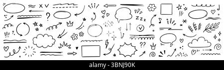Line marker brush pen sketch underline set. Hand drawn pencil arrow, heart, star marker brush stroke icon element highlight scribble set. Cute swoosh, crown, speech bubble doodles. Vector illustration Stock Vector