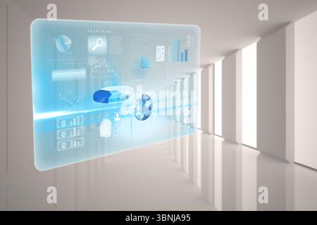 3D holographic interface is floating in high-tech hall displaying charts, globe, icons, data blocks Stock Photo