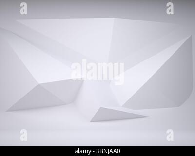 Triangular prism sculpture is being displayed in minimalistic 3D render with angular white forms Stock Photo