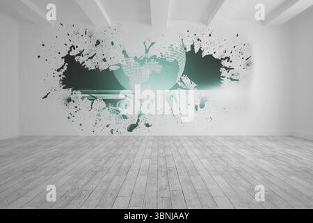 Splash on wall revealing global graphic Stock Photo