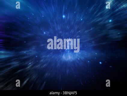 Central starburst is radiating radial light trails and glowing nebulae in flat deep space design Stock Photo
